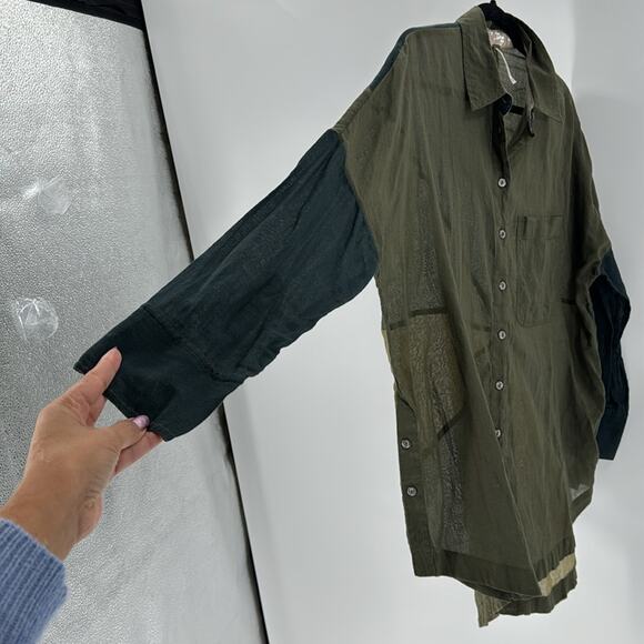 Free People Rainbow Rays Button Down Green oversized longline sheer size XS - Picture 7 of 11